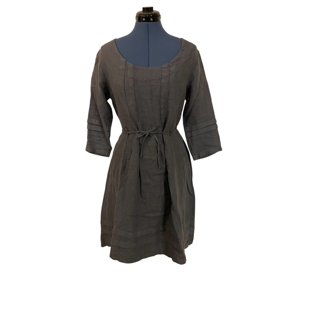 Talia‎ Benson Italy Gray Linen Pleated Tie Waist Dress Preppy Coastal Travel M